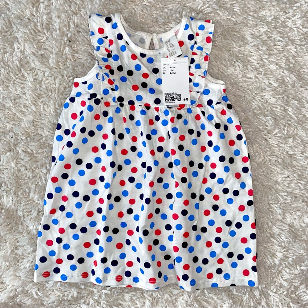 H&M Baby Ruffle-Trimmed Red & Blue Polkadot Short Sleeve Dress Size 9-12M NWT